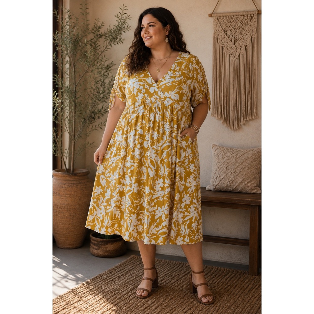 Ava & Viv Midi Dress Floral Cotton Boho Garden Mustard Cottagecore Women 3X